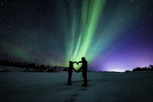 Two people form a heart shape under the Northern Lights in the snowy wilderness of Iceland on a clear winter night.