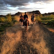Un petit groupe monte des chevaux islandais sur une piste poussiéreuse en Islande.